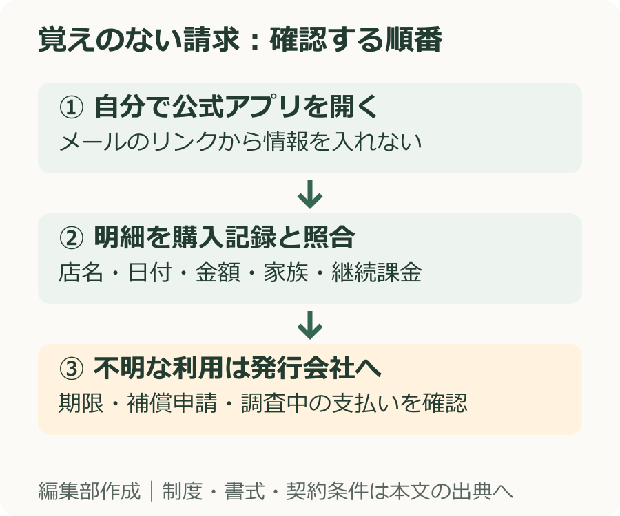 覚えのない請求を公式明細で確認し、利用記録との照合後、発行会社の調査窓口へ連絡する流れ