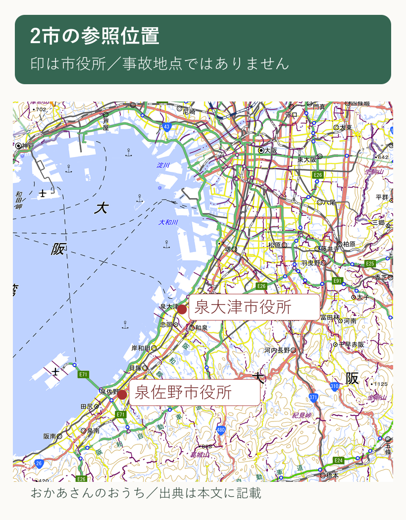国土地理院地図に泉大津市役所と泉佐野市役所の参照位置を示した広域地図。事故現場の位置ではない