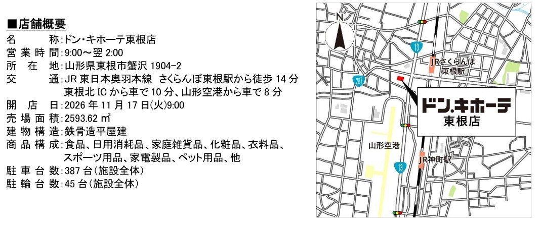 ドン・キホーテ東根店の店舗概要と地図。山形県東根市蟹沢1904-2、さくらんぼ東根駅の南西、山形空港の東