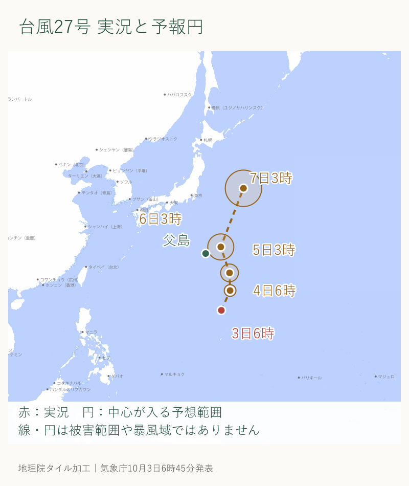 台風27号の現在位置と予報円(10月3日6時45分発表)
