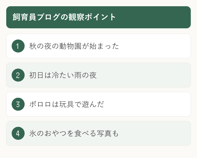 飼育員ブログの観察ポイント。秋の夜の動物園が始まった。初日は冷たい雨の夜。ポロロは玩具で遊んだ。氷のおやつを食べる写真も