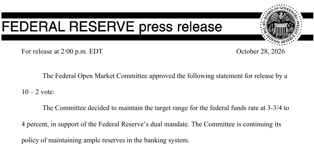 米連邦準備制度理事会の10月28日公式資料の見出しと政策金利の決定部分