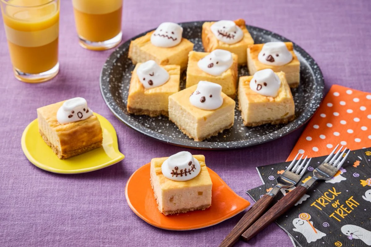 ハウス食品公式のおばけマシュマロを飾ったフルーチェチーズケーキ