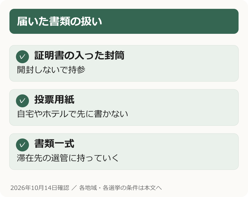 届いた書類の扱い。証明書の入った封筒：開封しないで持参。投票用紙：自宅やホテルで先に書かない。書類一式：滞在先の選管に持っていく