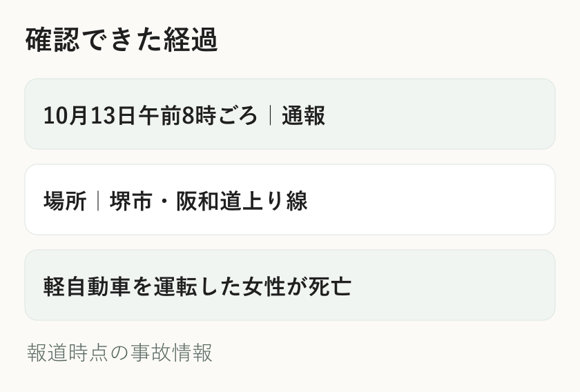 10月13日午前8時ごろに堺市の阪和道上り線で起きた追突事故の確認事項