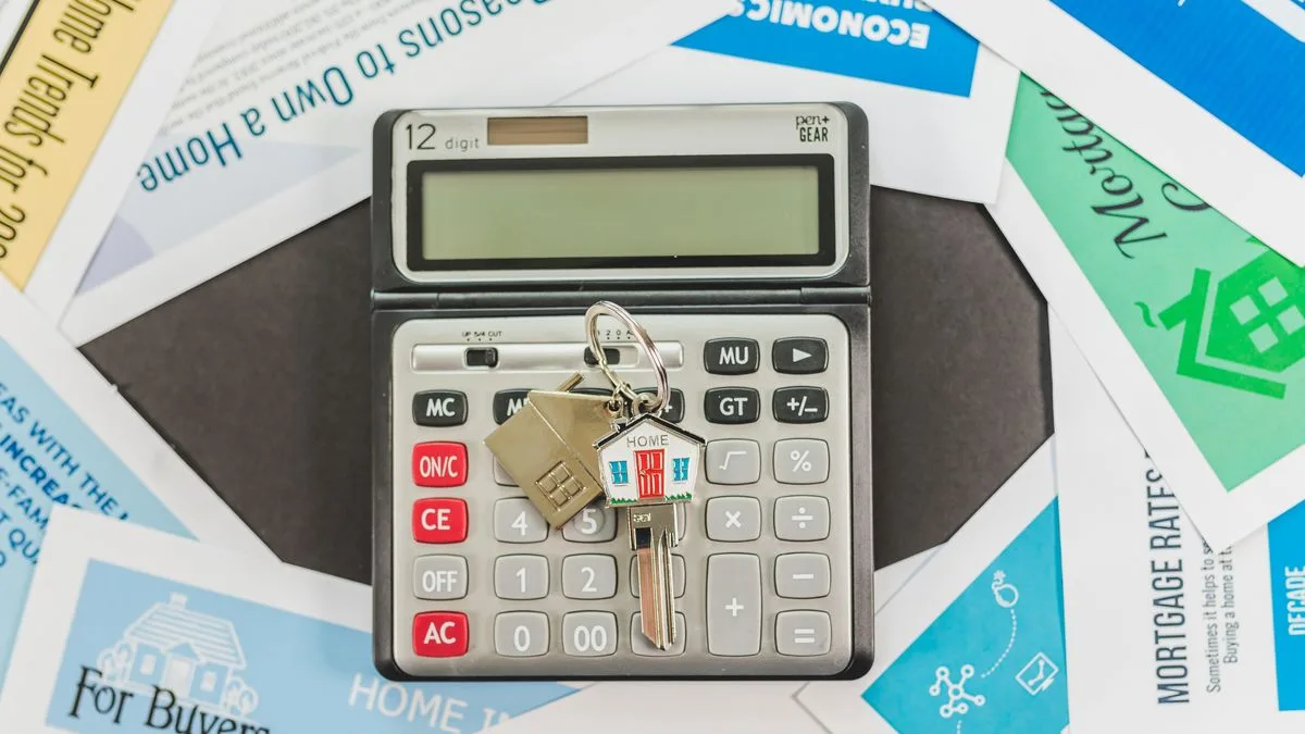 住宅ローンのチラシの上に、家の形のキーホルダーが付いた鍵と電卓が置かれている