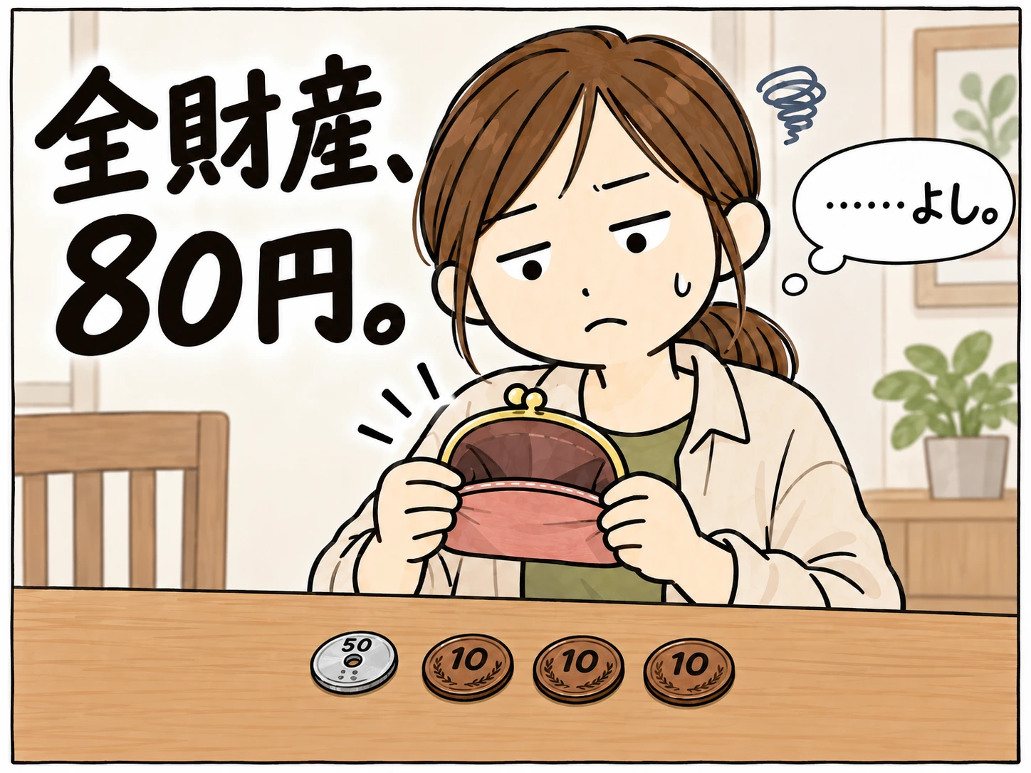 全財産80円になり財布を見つめる母