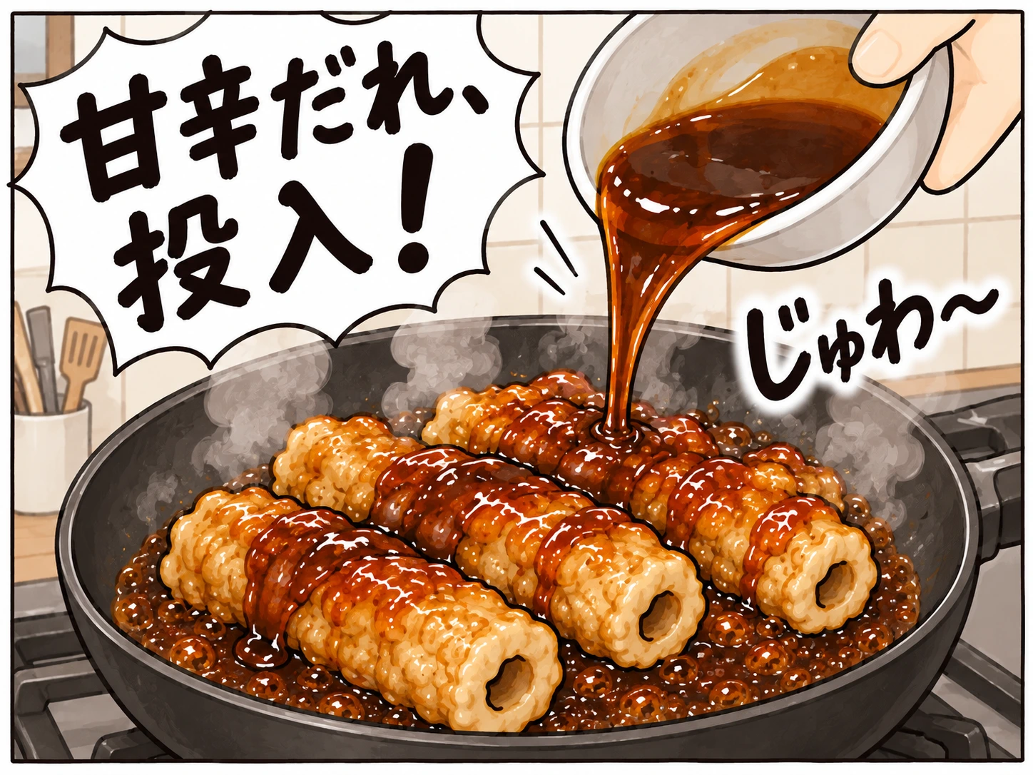 揚げたちくわに甘辛だれをからめる