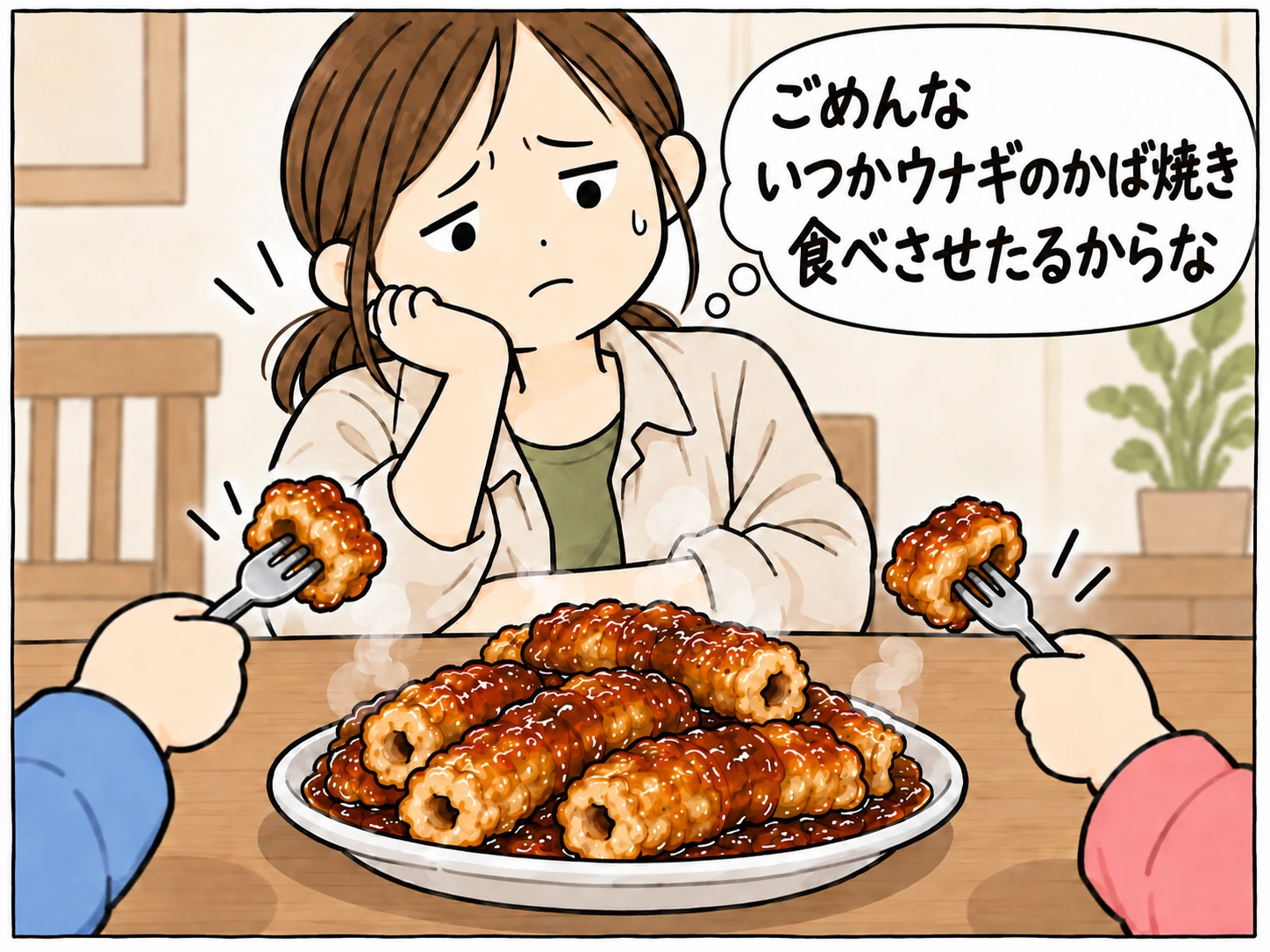 ごめんな、いつかウナギのかば焼き食べさせたるからな、と子どもを見守る母の心の声