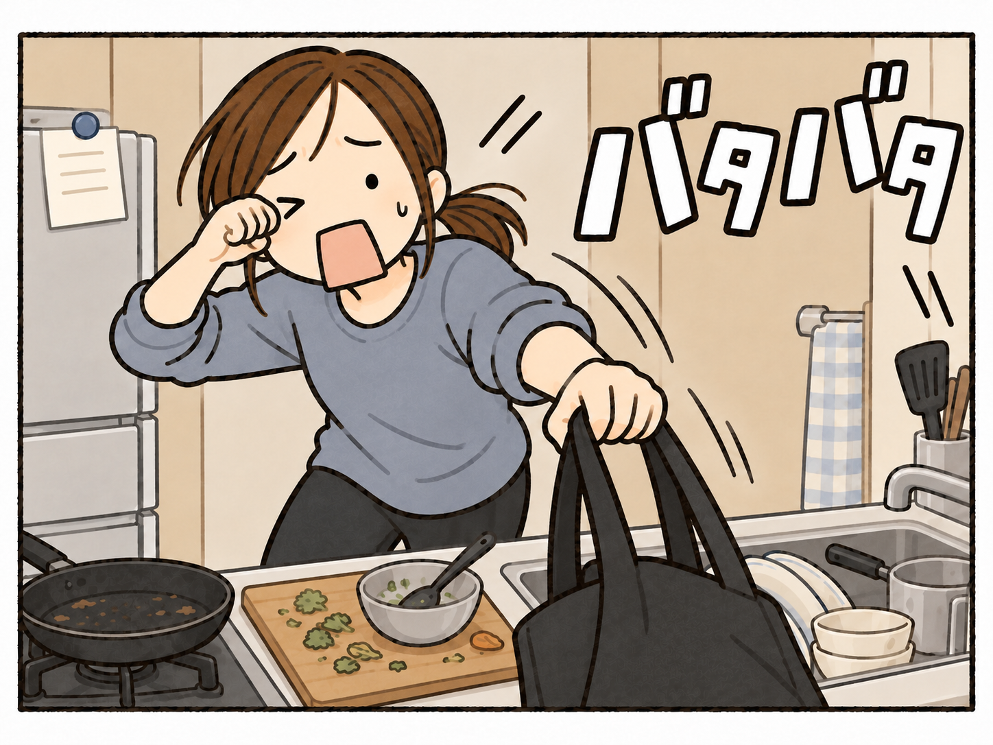 眠いまま目をこすり、黒いバッグを手に取って、バタバタ支度する母。