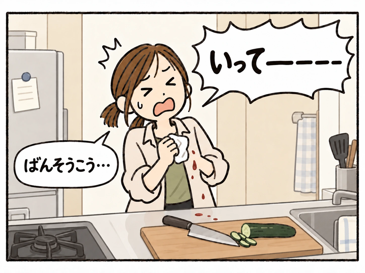 左コンロ・右シンク、白い冷蔵庫のキッチンで、母が指を切り「いってーーーー」「ばんそうこう…」と叫ぶ。