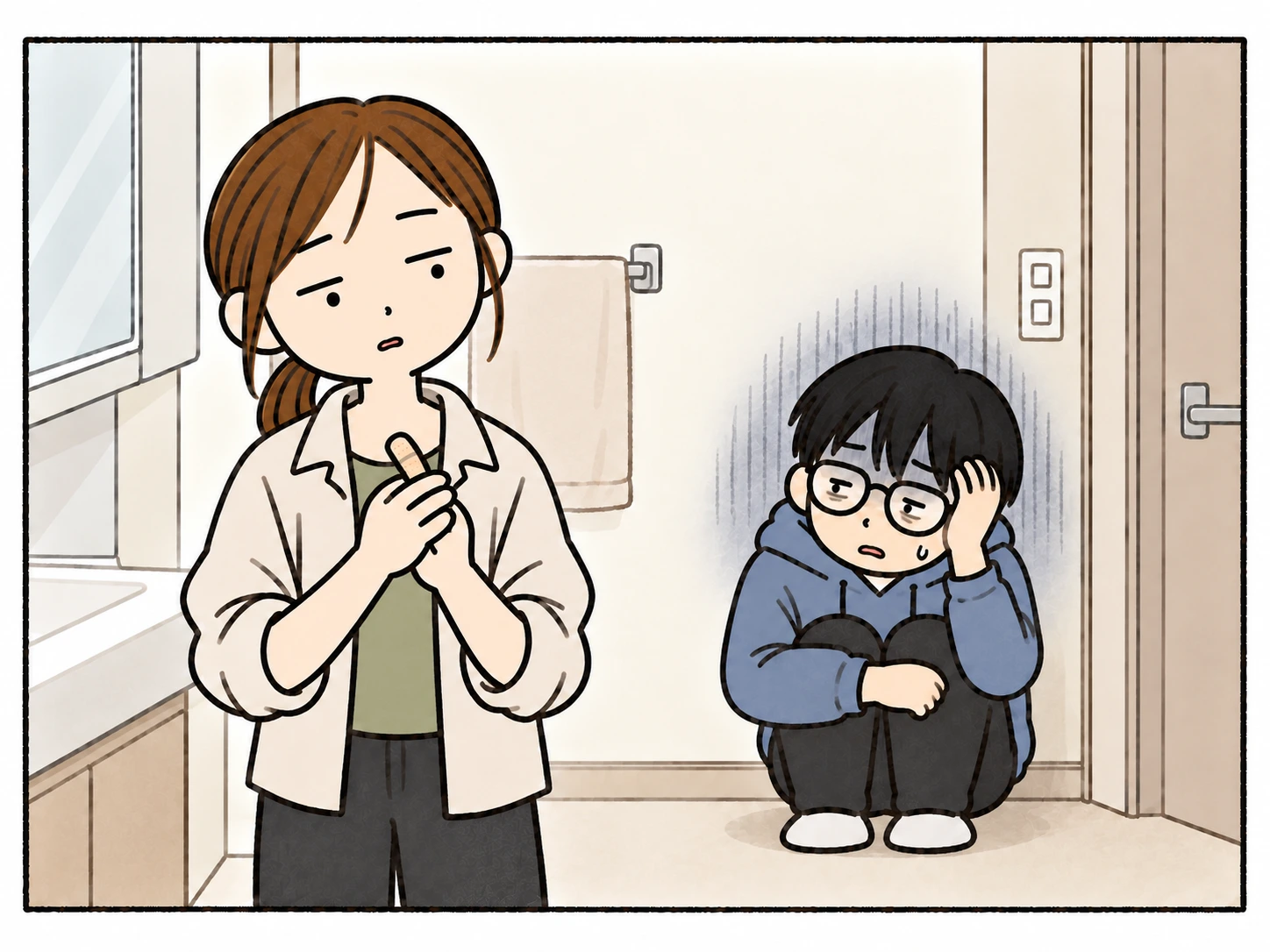 ばんそうこうを見てケロリとする母の横で、いっちは心配を引きずり、壁際にしゃがみ込んで頭を抱えぐったりしている。