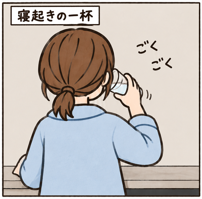 後ろ姿で朝の水