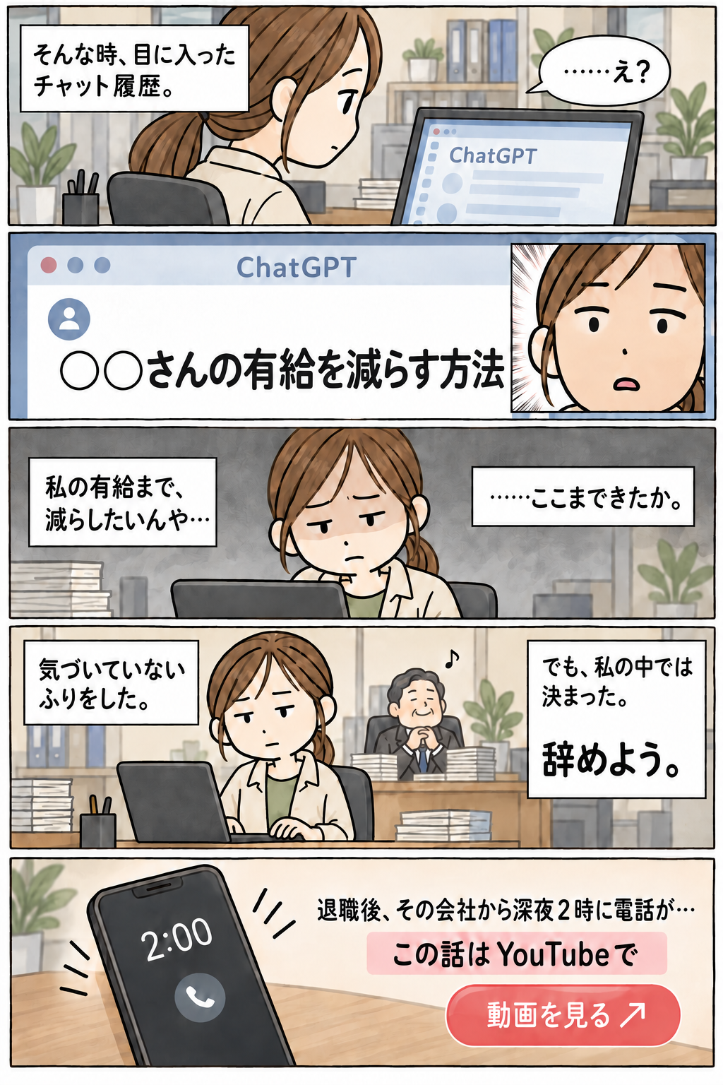 チャッピーに社運を託した社長・後半。ChatGPTに有給を減らす方法を相談した履歴を見つけ、辞めようと決意する。