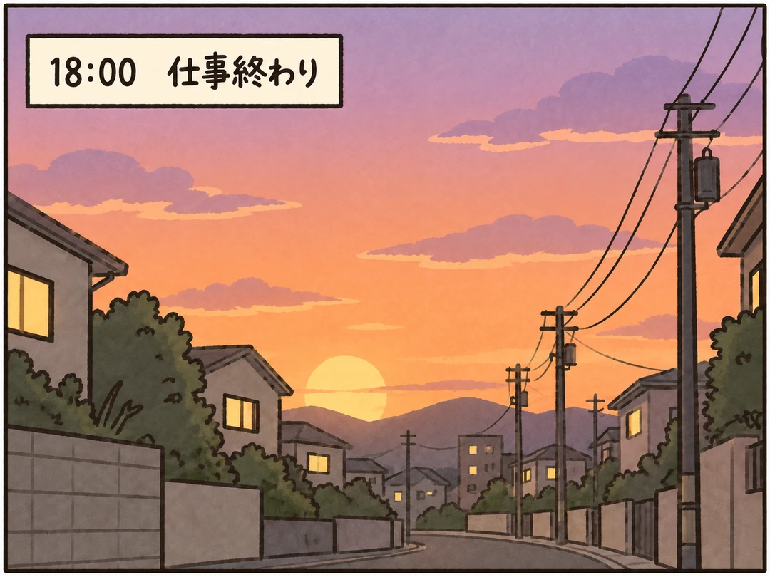 18:00、仕事終わりの夕暮れの街