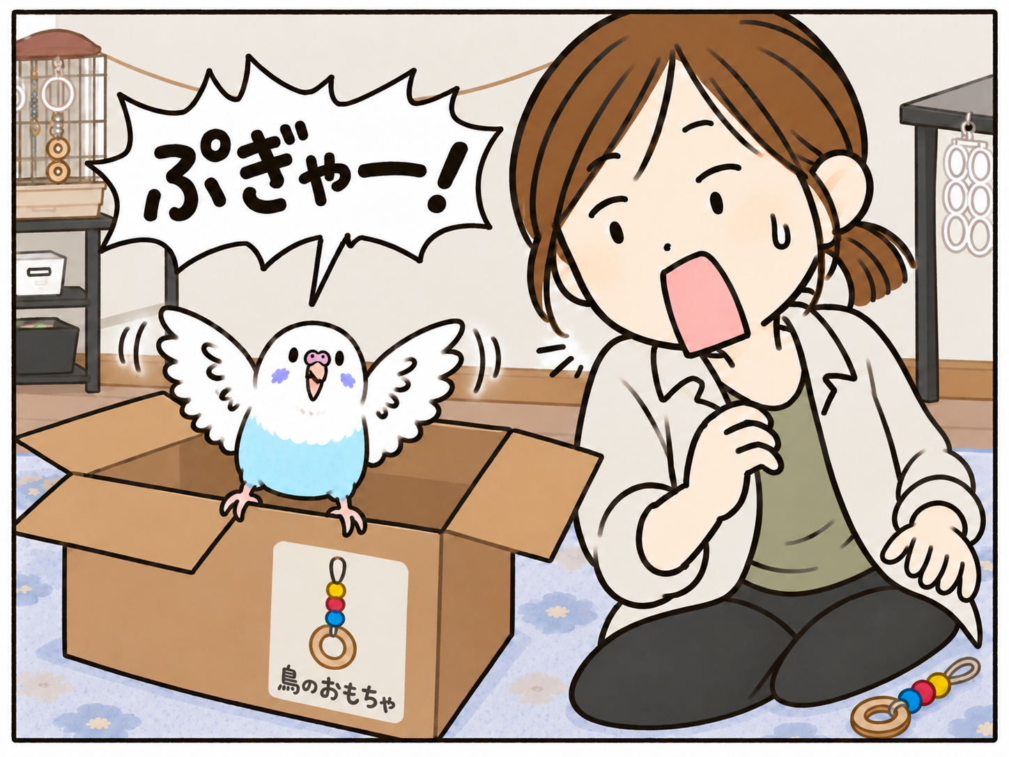 丸い目のかわいいぼんちゃんが箱の縁で両翼を広げ、片づけを阻止してぷぎゃー。おもちゃは床