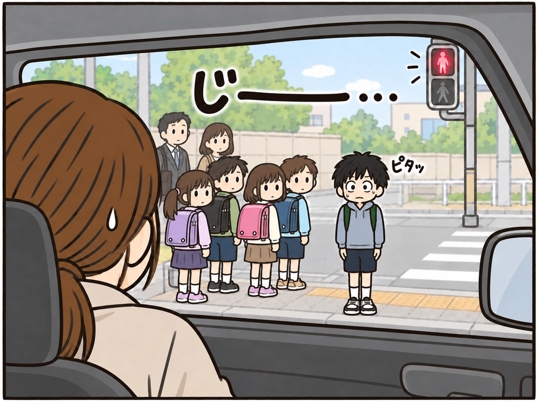 いっちが焦ってピタッと気をつけし、信号待ちの人たちが母の車へ視線を向ける