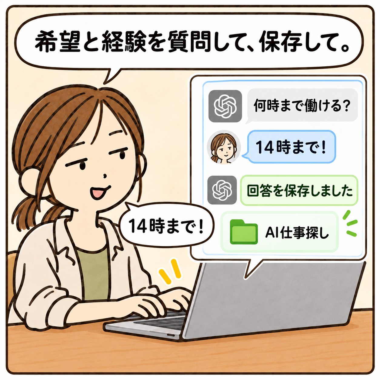 希望と経験を質問して、保存して。 何時まで働ける？ 14時まで！ 回答を保存しました AI仕事探し