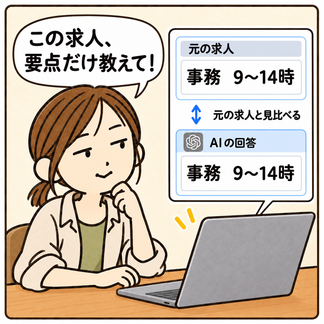 この求人、要点だけ教えて！ 事務　9〜14時 元の求人と見比べる