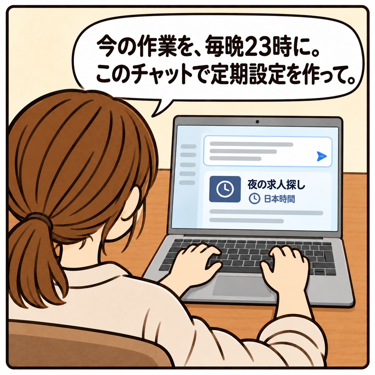 今の作業を、毎晩23時に。 このチャットで定期設定を作って。 日本時間 夜の求人探し