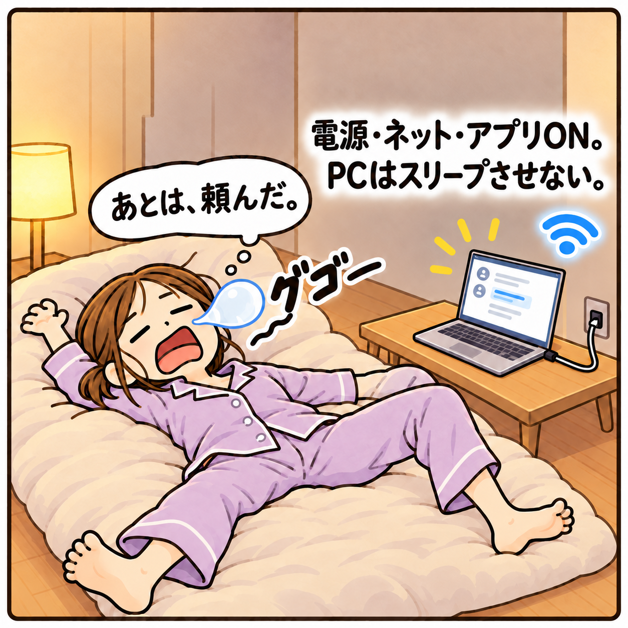 あとは、頼んだ。 グゴー 電源・ネット・アプリON。 PCはスリープさせない。
