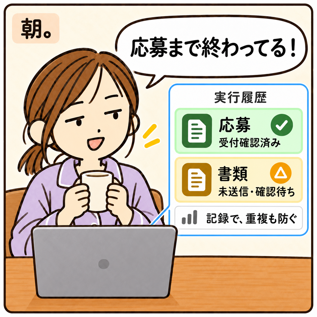 朝。 応募まで終わってる！ 実行履歴 応募 ✓ 受付確認済み 書類 △ 未送信・確認待ち 記録で、重複も防ぐ