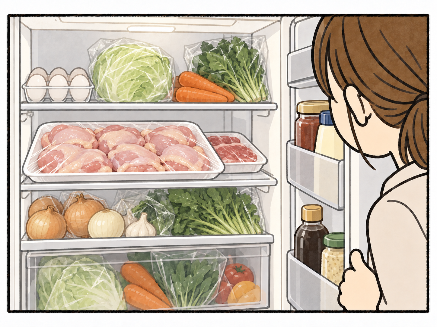 大きな生の鶏肉のパックと未調理の野菜・卵がある冷蔵庫を、母が無言でのぞき込む。