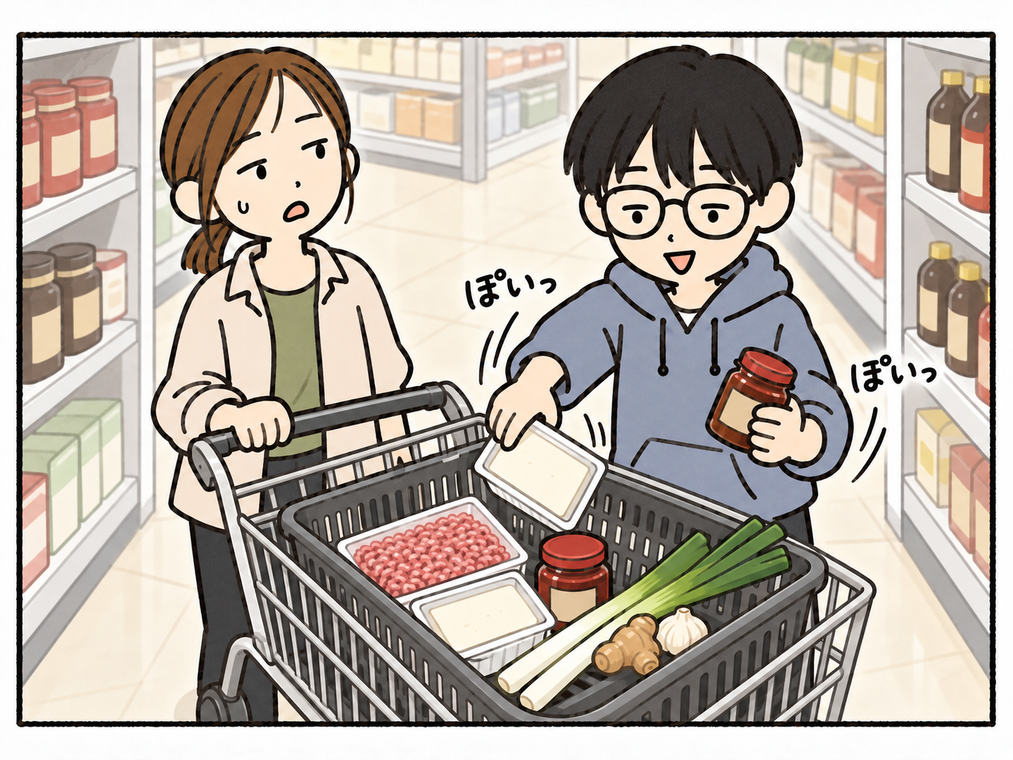 スーパーで、いっちが豆腐や調味料を次々に買い物カートへ入れる。母はカートを押しながら見ている。