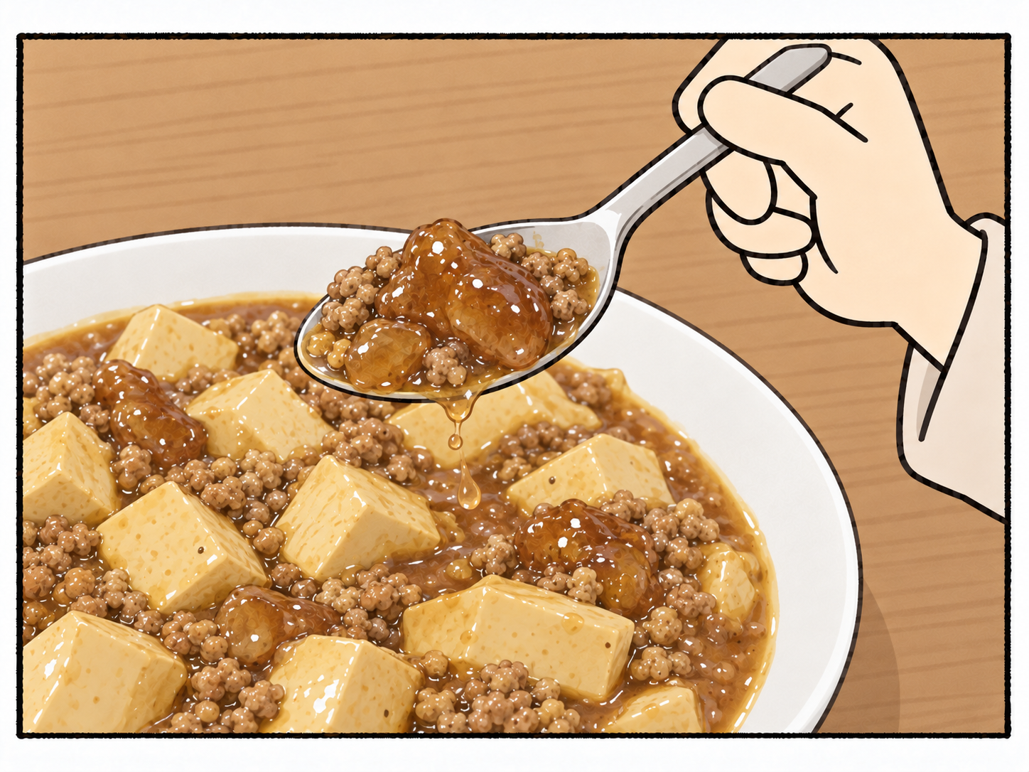 スプーンで大きな片栗粉のだまをすくい上げるアップ。薄い茶色の汁が皿へしたたる。