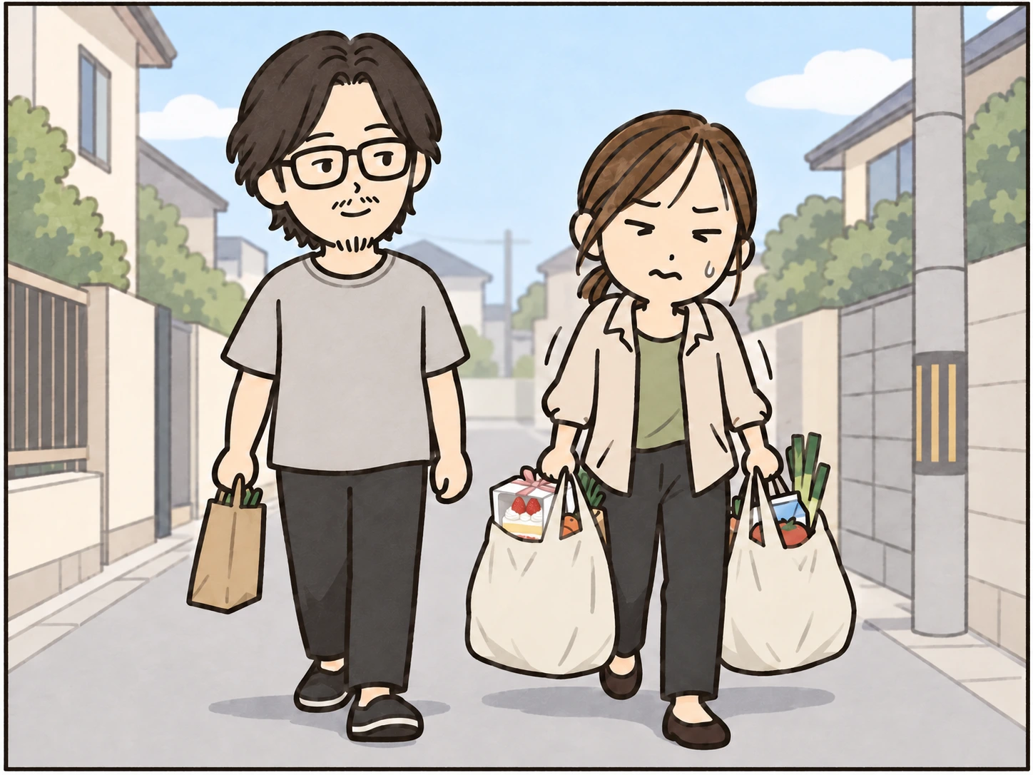 買い物帰り、ひーちゃんが重い袋を両手に持ち、おじじは小さな袋を提げて歩く。