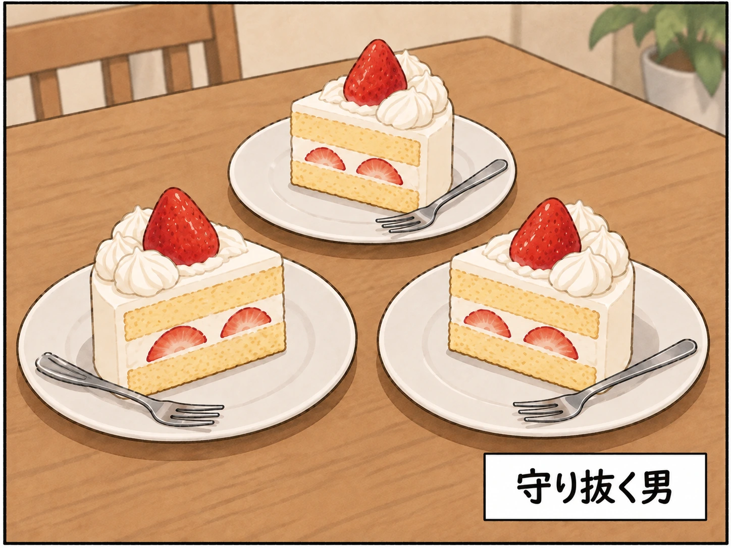 無事な苺ケーキを3等分して並べた3皿。四角い注釈「守り抜く男」。
