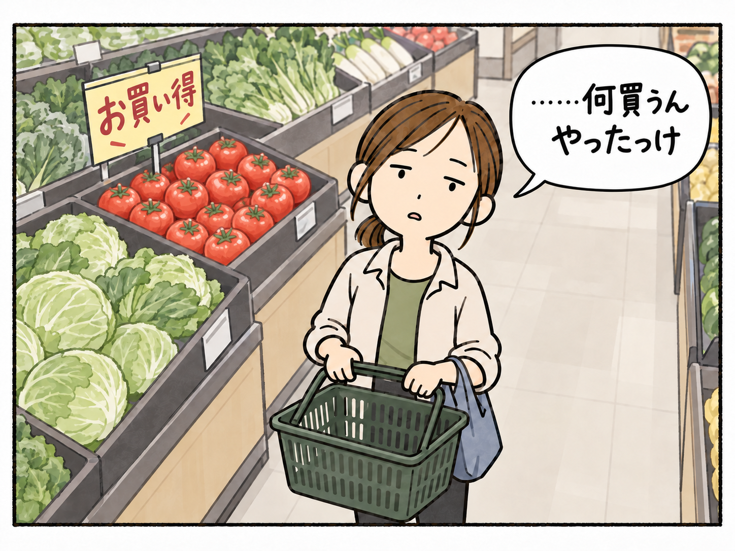 トマトのお買い得売場で空の緑のかごを持ち、買う物を思い出せない母。
