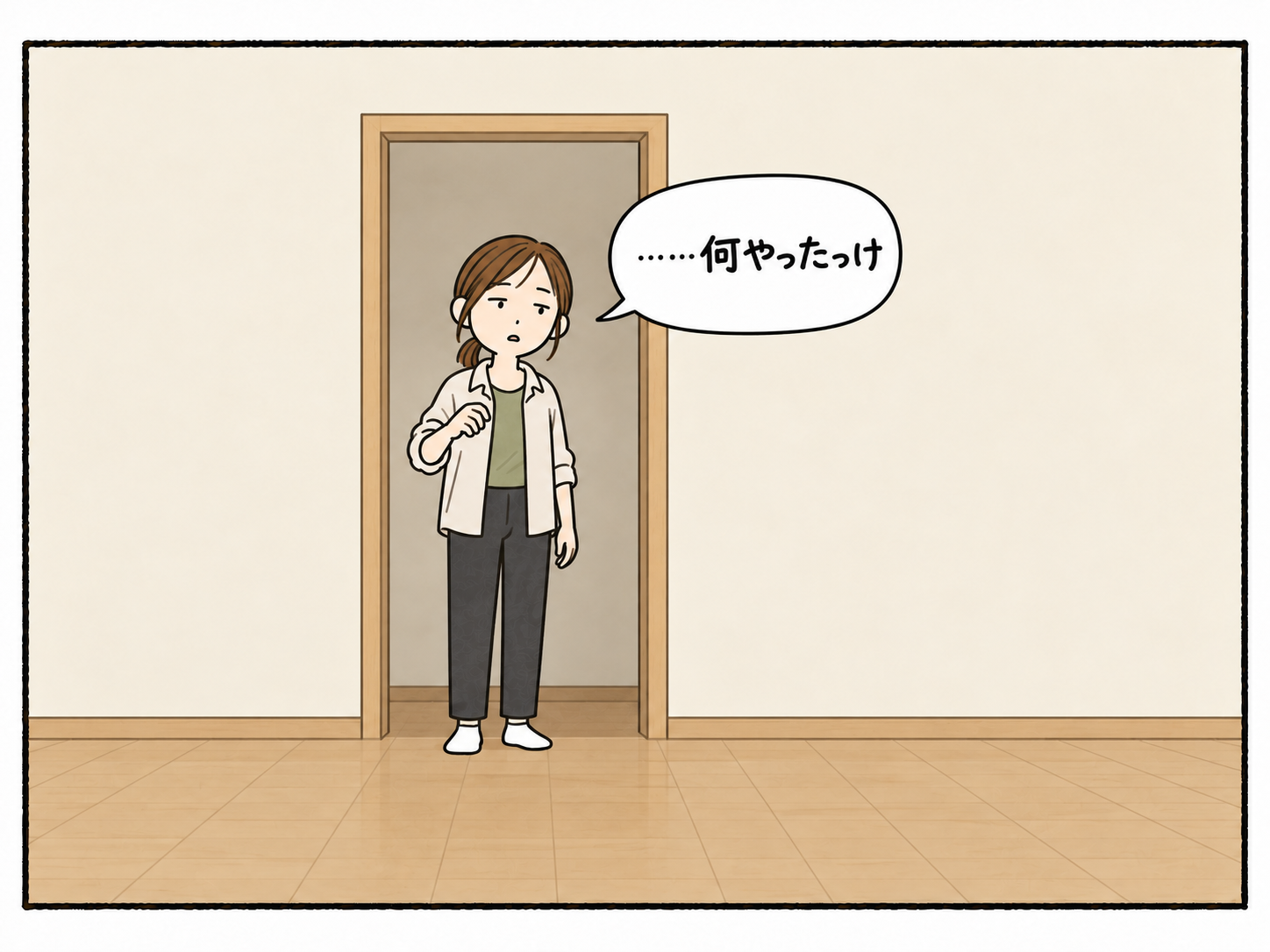部屋の中から引いた画で、入口に全身がぽつんと立つ母。用事を忘れた同じ顔。