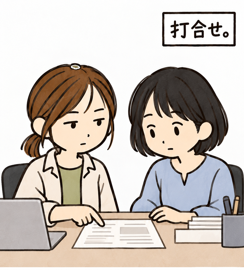 真面目に資料を見ながら打合せ。頭のフンに気づいていない。