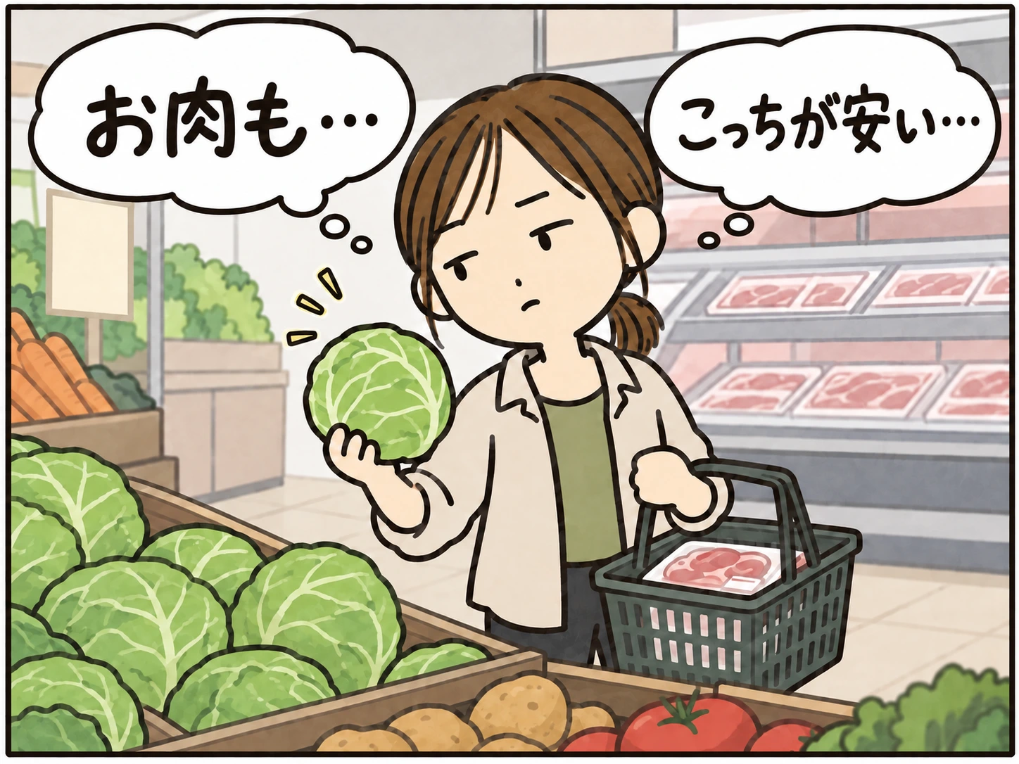 安い野菜とお肉を品定めするひーちゃん