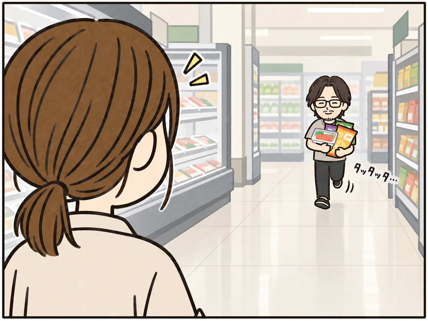 刺身とお菓子を抱えて遠くから駆け寄ってくるバディ