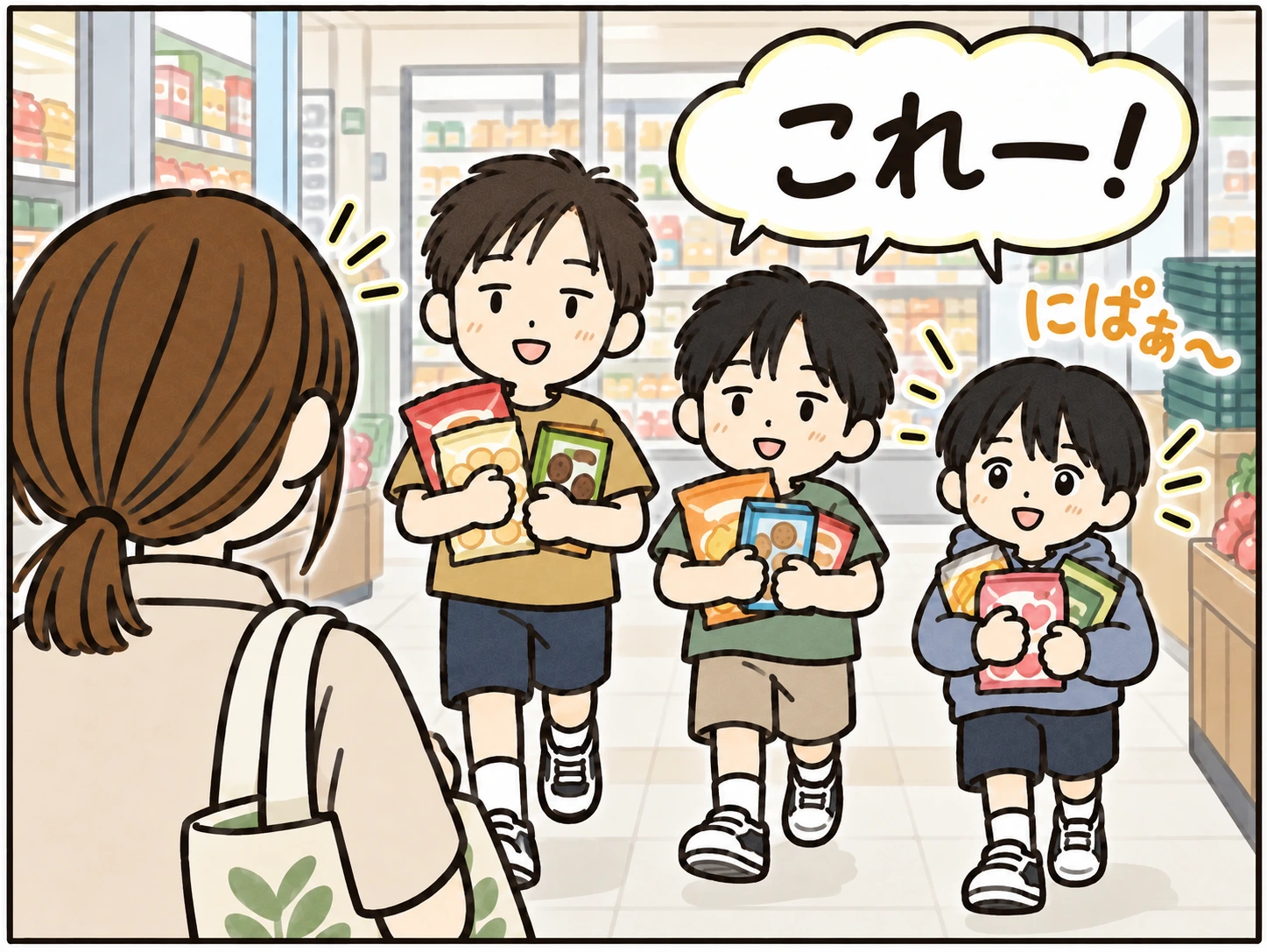 幼いいっちと兄２人が欲しいお菓子を抱えて戻ってくる