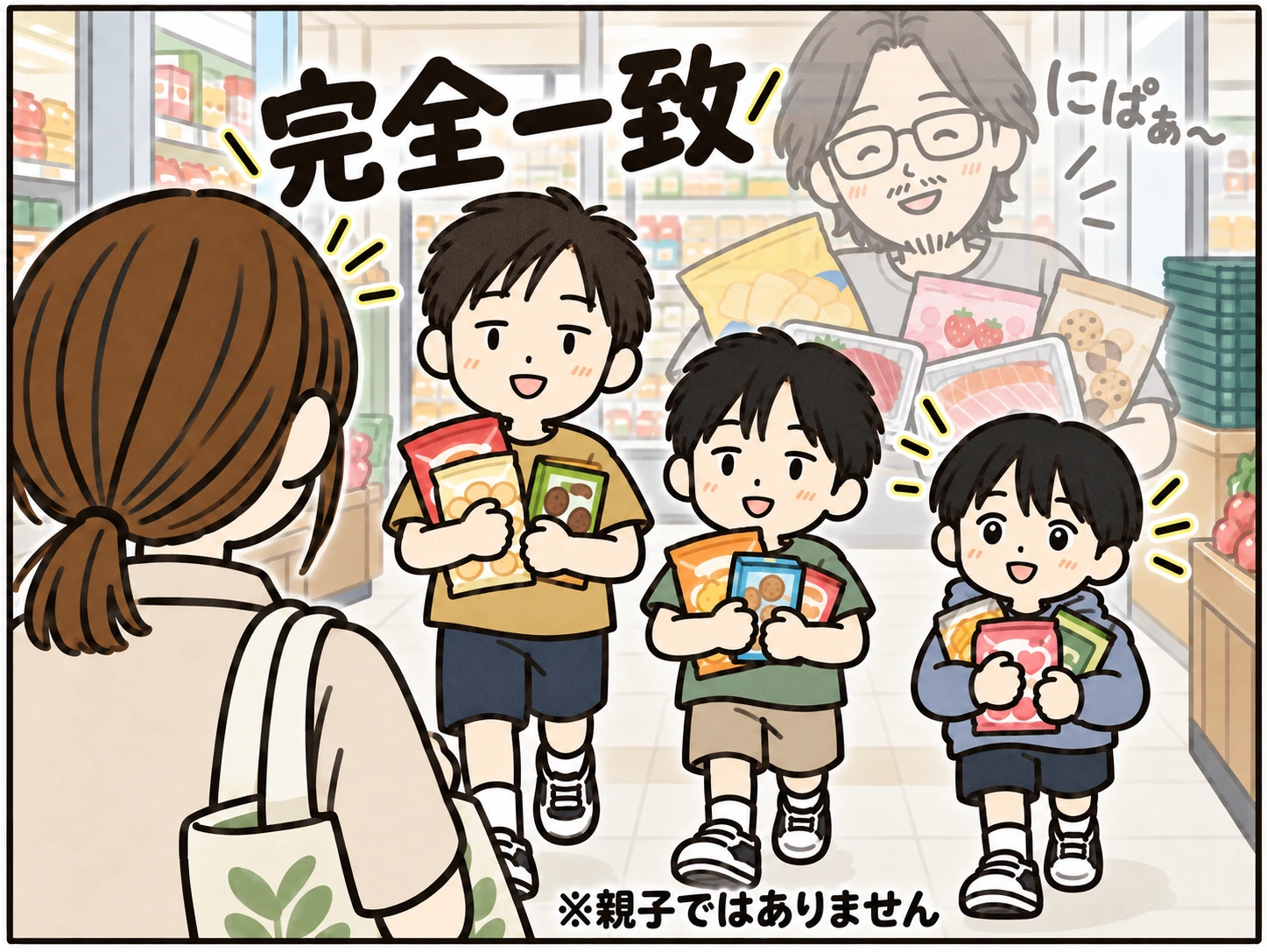 完全一致。笑顔の息子３人に、おじじのにぱぁという笑顔を薄く重ねた最終コマ。※親子ではありません
