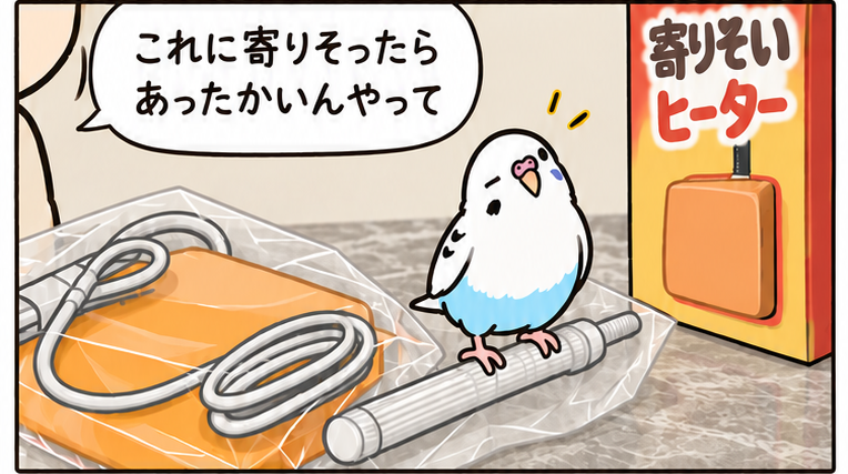 袋入りの暖房用止まり木に立ち、説明を聞くぼんちゃん。