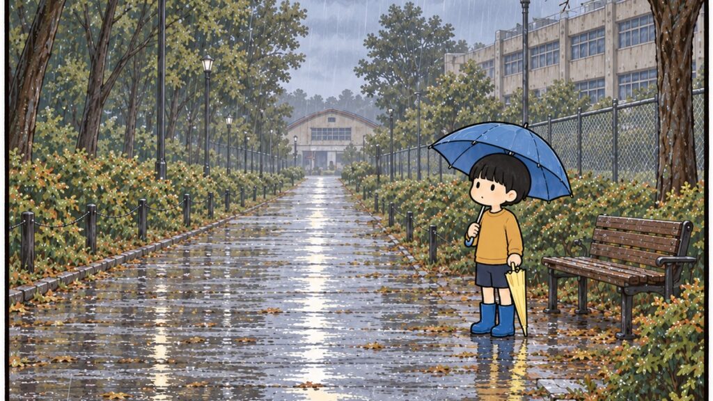 雨の公園で青い傘をさし、もう1本の黄色い傘を持って立つ男の子。漫画「雨の日の、お迎え。」