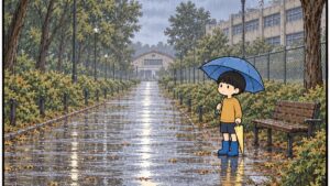 雨の公園で青い傘をさし、もう1本の黄色い傘を持って立つ男の子。漫画「雨の日の、お迎え。」