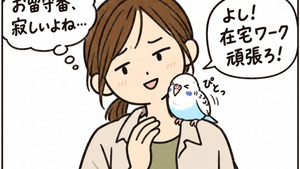 飼い主の肩にぴったりくっつくセキセイインコのぼんちゃん（漫画「ひとりがいい男」の1コマ）
