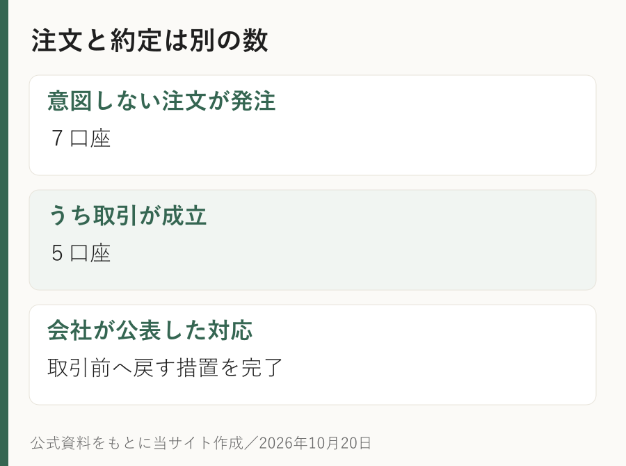 注文と約定は別の数。意図しない注文が発注:7口座。うち取引が成立:5口座。会社が公表した対応:取引前へ戻す措置を完了