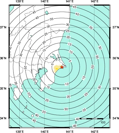 10月29日0時7分の千葉県北東部の地震について気象庁が示した緊急地震速報の推計震度分布図