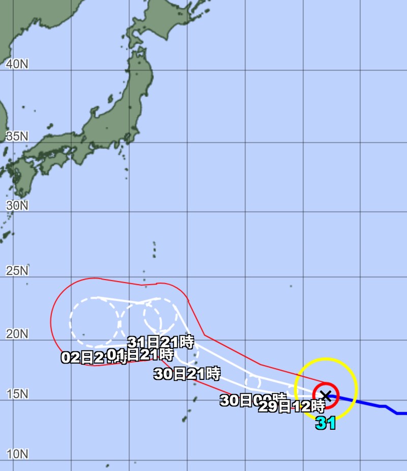 気象庁の台風情報の画面（10月29日0時の実況）。台風31号は南鳥島近海にあり、西へ進んで31日21時ごろ小笠原近海、2日21時ごろは日本の南へ進む予想の予報円と暴風警戒域