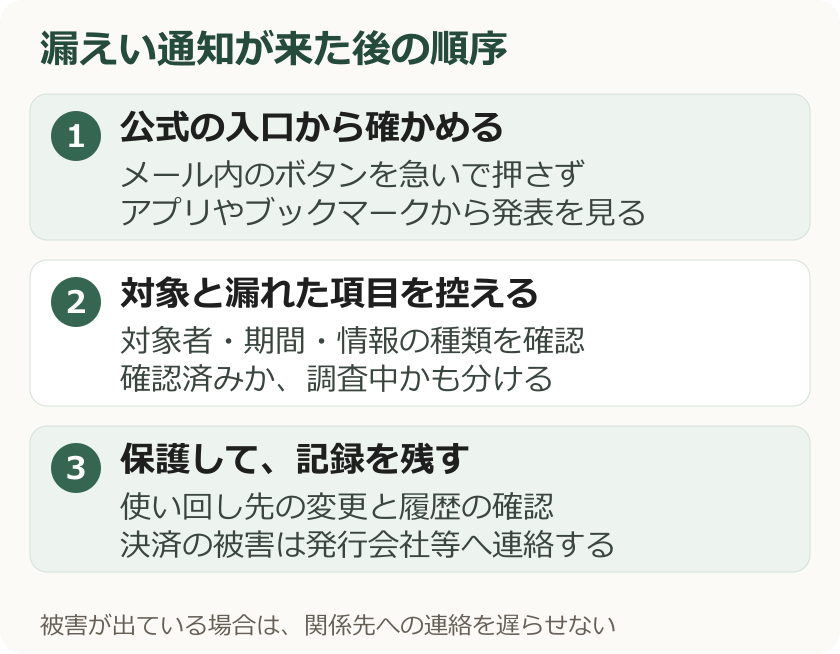 通知の確認、対象情報の整理、アカウントの保護、記録の順で進める手順