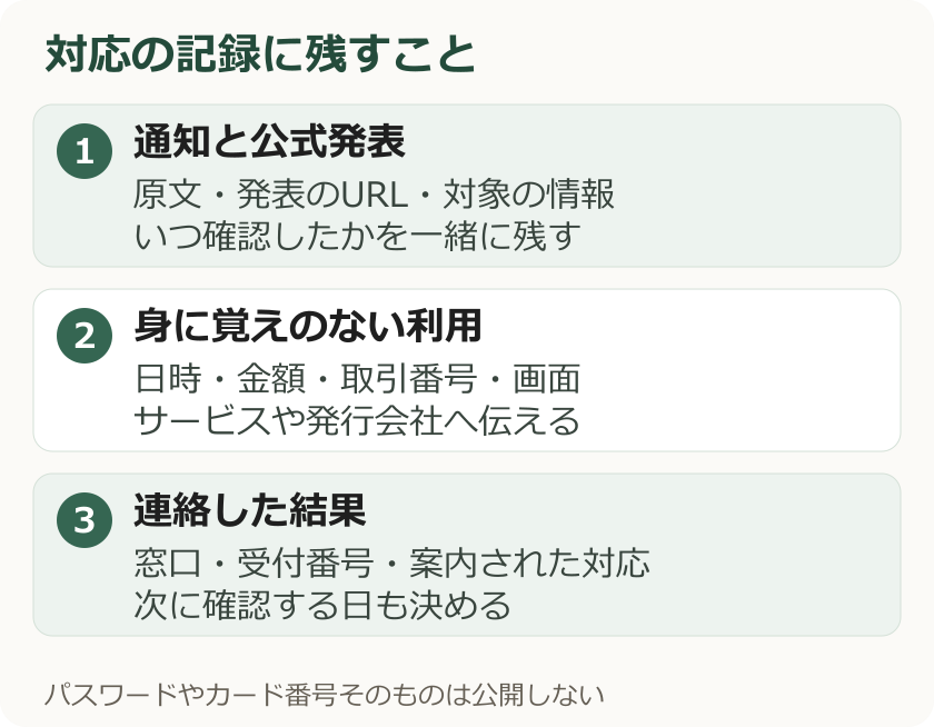 いつ何が起きたか、どの窓口へ連絡したか、次の確認期限を残す記録の図