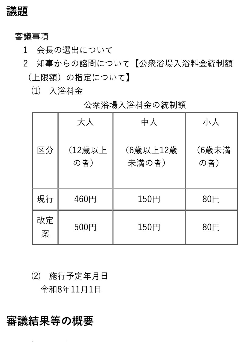 鹿児島県の公衆浴場入浴料金審議会の結果。大人は460円から500円、中人150円と小人80円は据え置き、施行予定は令和8年11月1日