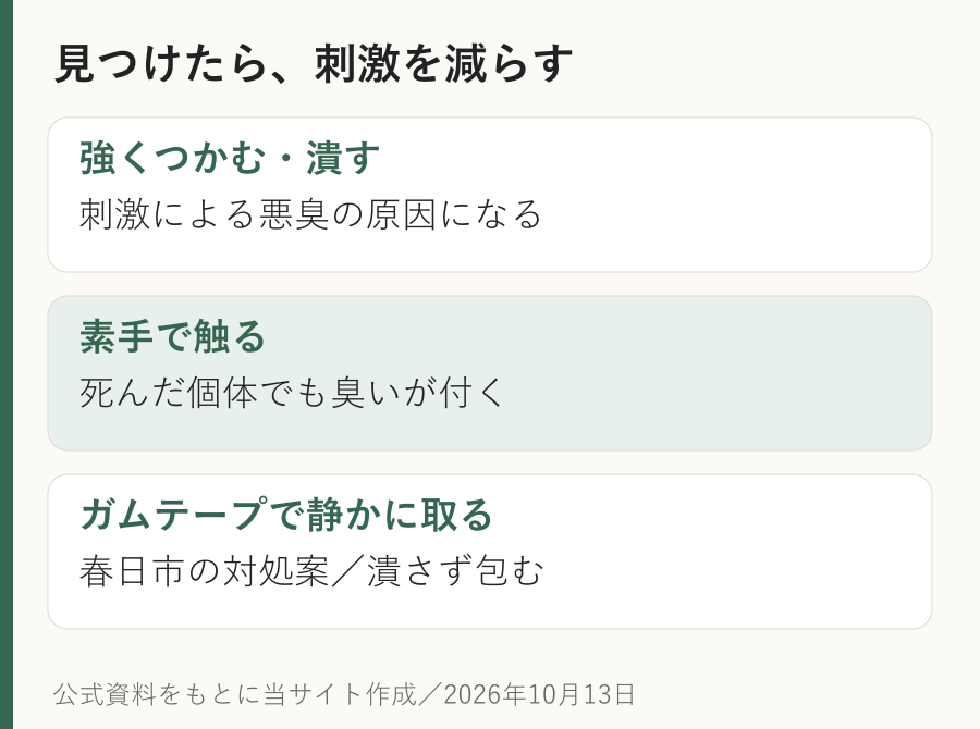 カメムシを潰さず素手で触らず、ガムテープなどで静かに取り除く対処方法の図。