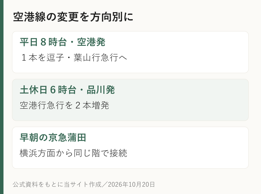 空港線の変更を方向別に。平日８時台・空港発：１本を逗子・葉山行急行へ。土休日６時台・品川発：空港行急行を２本増発。早朝の京急蒲田：横浜方面から同じ階で接続